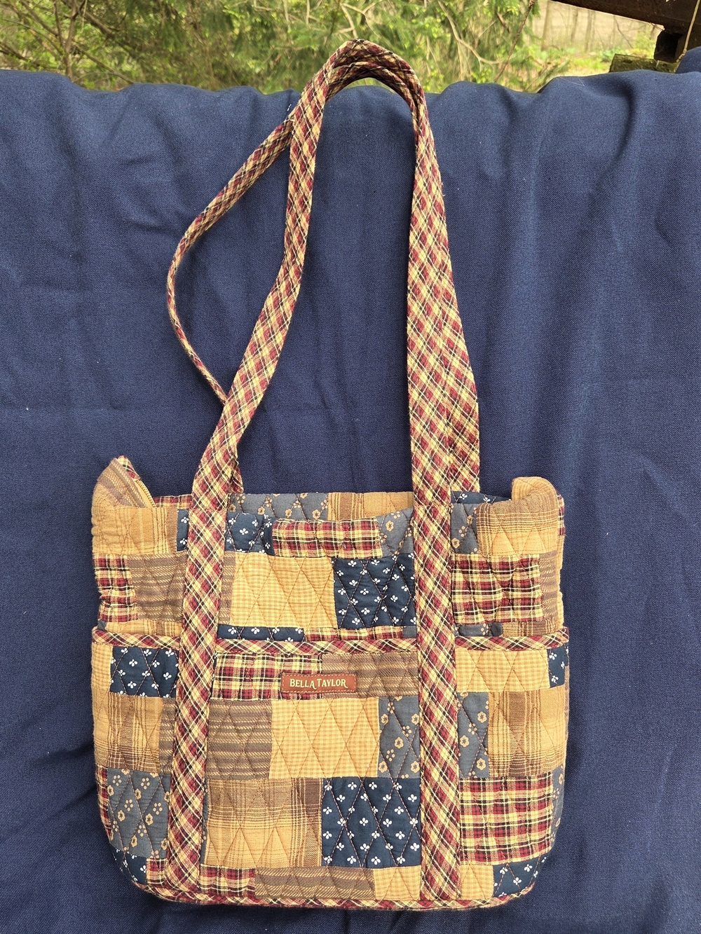 Bella Taylor Quilted Patchwork Tote Bag in Navy and Tan